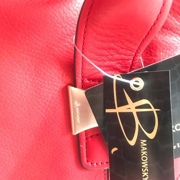 B.Makowsky Lipstick Red Golden Hardware Soft Genuine Leather Large Tote Bag - Picture 8 of 16